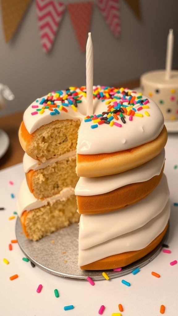 Triple layer donut cake with frosting and sprinkles, served on a festive table.